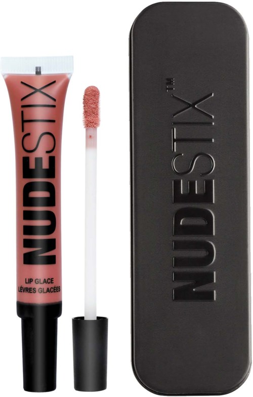 Lippenbalsemtube, kwastje en zwarte etui met 'NUDESTIX'-logo. De gloss is roze. Handig make-upset.
