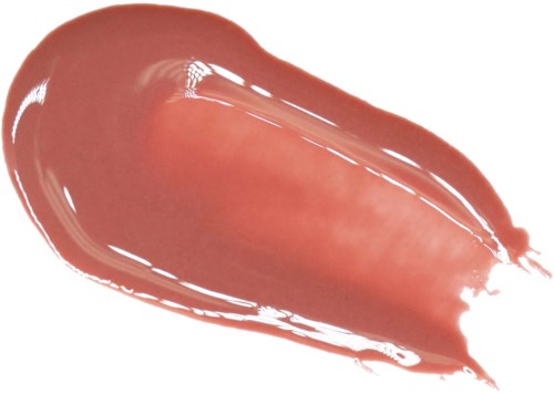 Een vlek van roze naar rood make-up of lipgloss met een glanzende afwerking op een witte achtergrond.