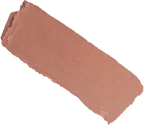 Een rechthoekige, roze-bruin make-up kwast met een licht ruwe textuur en ongelijke randen.