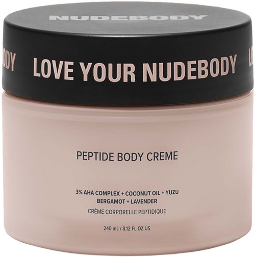 Pyöreä purkki, jossa lukee 'LOVE YOUR NUDEBODY', sisältää peptidikroppavoiteen luonnollisilla ainesosilla ja tuoksuilla.