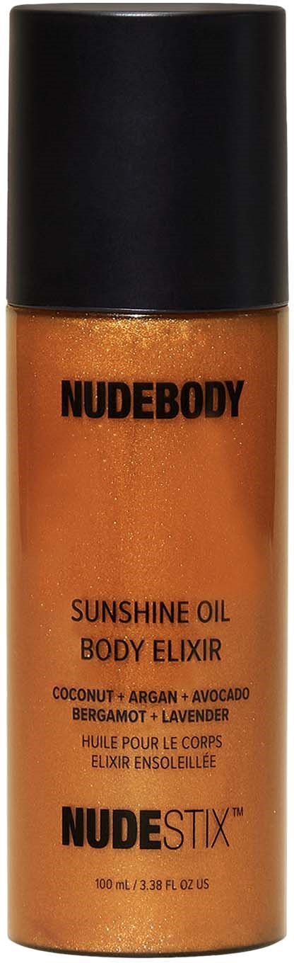 En bronsefarget flaske merket 'NUDEBODY Sunshine Oil Body Elixir' med svart lokk, inneholder ingredienser som kokos, argan og lavendel.