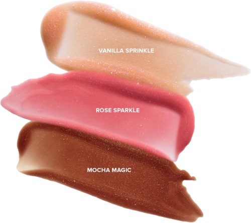 Three different ice cream scoops labeled Vanilla Sprinkle, Rose Sparkle, and Mocha Magic.