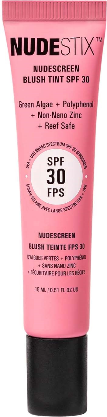 Roze tube met blush tint met SPF 30, noemt groene algen, polyfenol, zink en veilige ingrediënten.