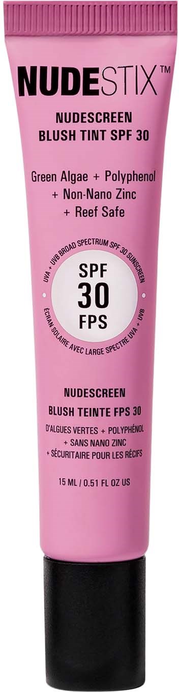 Pinkki huulikiilto, jossa on SPF 30, sisältää vihreää algaa ja polyfenolia, sopii herkälle iholle, musta korkki.