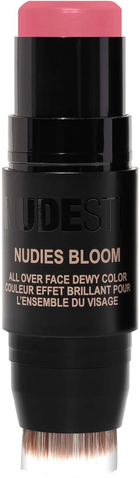 A black and pink makeup stick, labeled 'NUDES BLOOM' for face dew effects, with a rounded pink top.