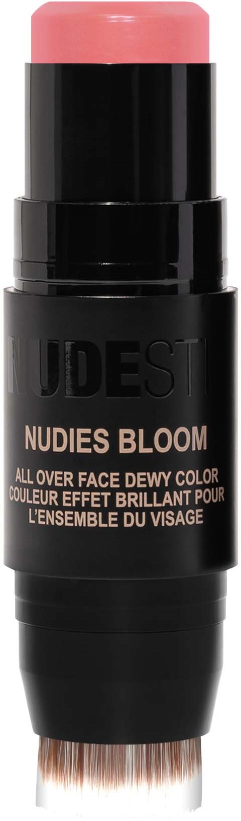Een make-upproduct dat lijkt op een lippenstift met een zwarte behuizing en roze bovenkant, gelabeld "Nudies Bloom".