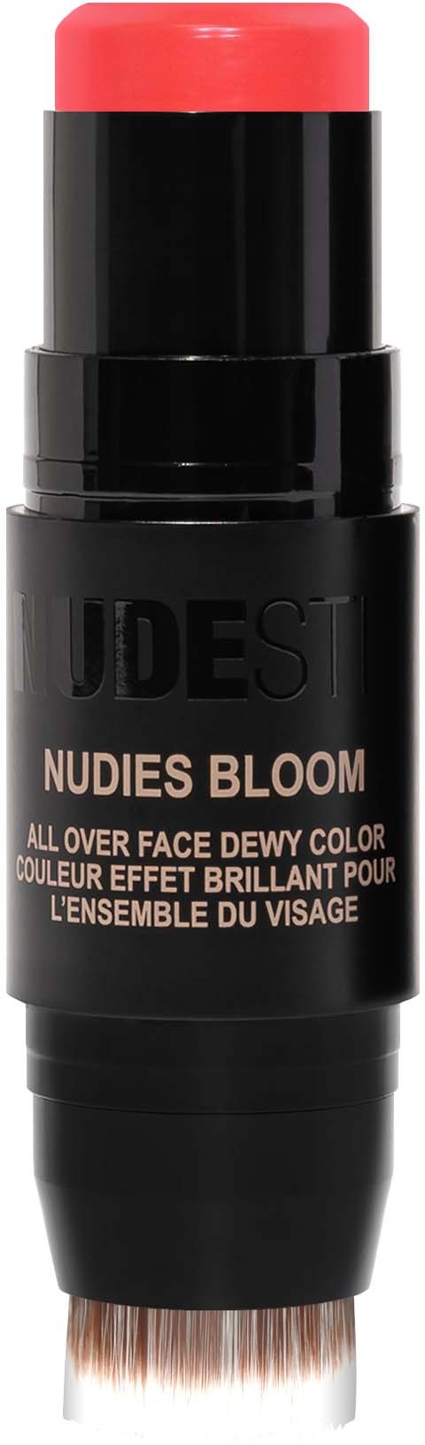 Dies ist ein Make-up-Produkt namens NUDEST Nude Bloom mit rosafarbener Farbe und einem Make-up-Pinsel an der Basis.