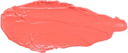 Ein Streifen rosa-orangen Lippenstift auf weißem Hintergrund.