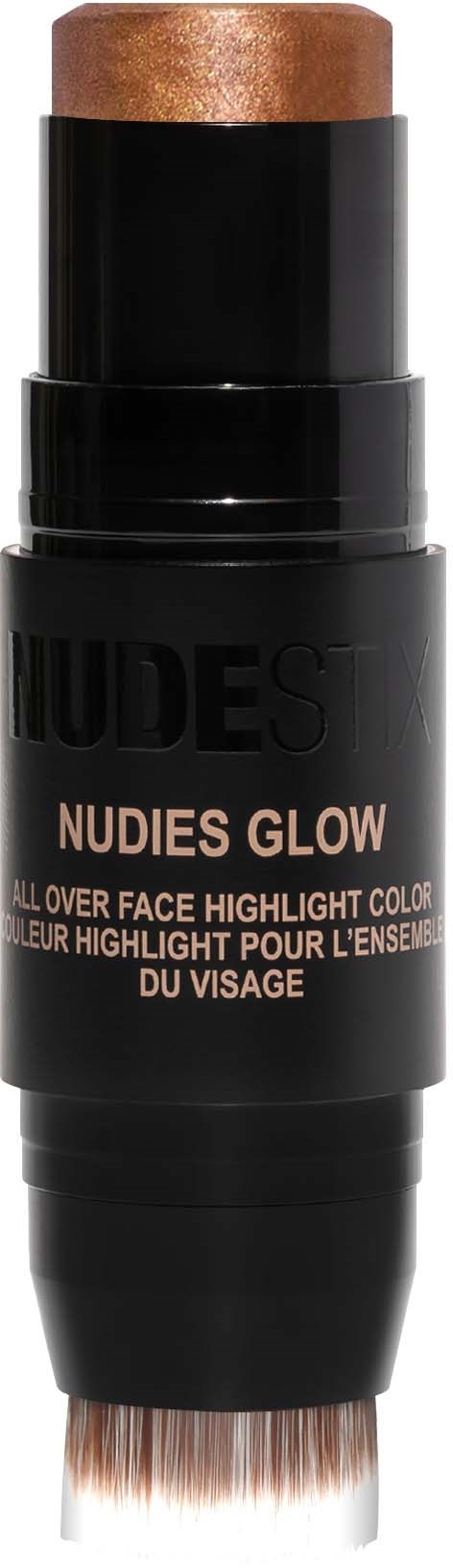 Een make-upproduct in de vorm van een lippestift met een zwart lichaam en een bruinige highlighter bovenop.