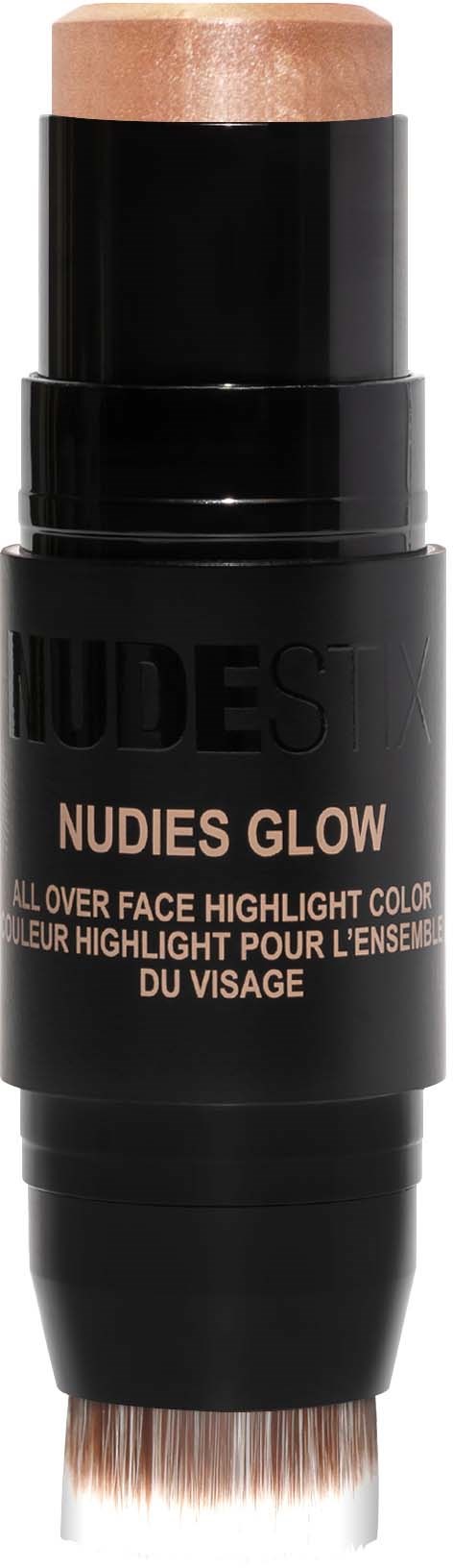A makeup stick labeled 'Nudies Glow' for highlighting the face with a light, nude color.