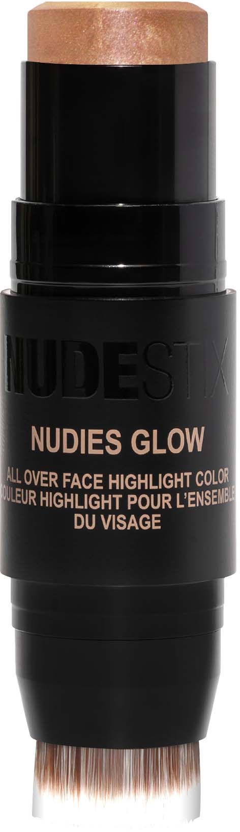 A black stick with a beige highlight, labeled 'Nudies Glow,' used for face highlighting.