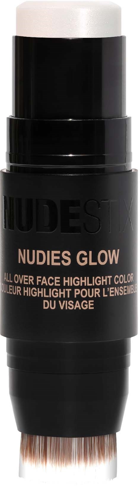 Cosmetische stick voor gezichtshighlights met kwast, labeled Nudies Glow.