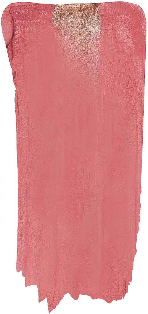 Een gescheurd, roze rechthoekig voorwerp met een ruwe rand en een klein gouden gedeelte bovenaan.
