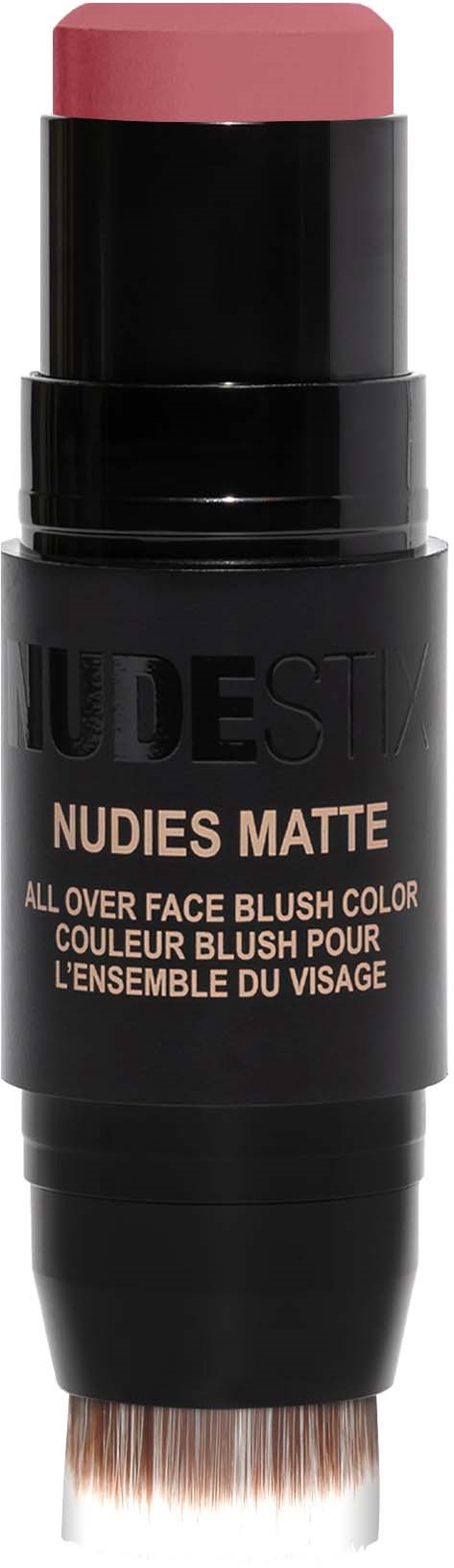 Een zwart en roze stick met borstel aan de onderkant, gemarkeerd Nudies Matte, voor gezichtspoeder.