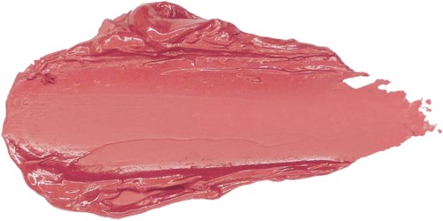 Een vlek roze lippenstift met glanzende textuur op witte achtergrond.