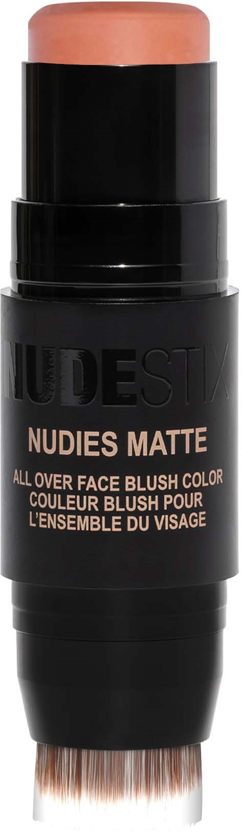 Een zwarte stick met een ronde top, gelabeld 'NUDES MATTE' voor gezichtsbloesem, met een kwast onderaan.