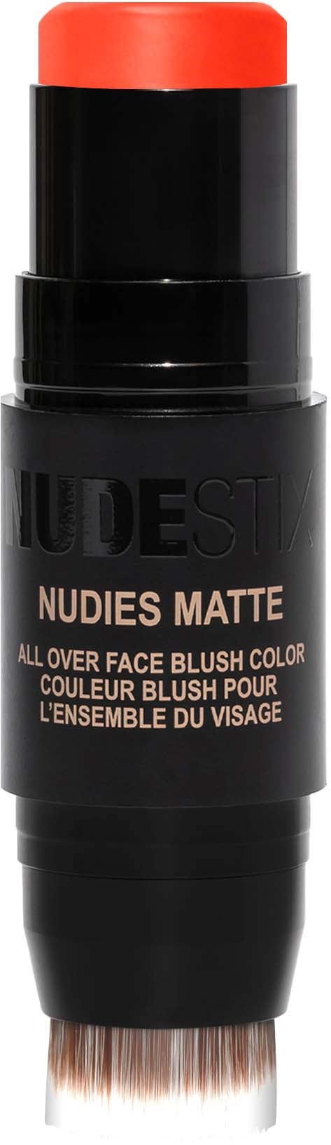 Een zwarte stick met een rode bovenkant, genaamd Nudestix Matte blush voor het gezicht, met een kwast aan het uiteinde.