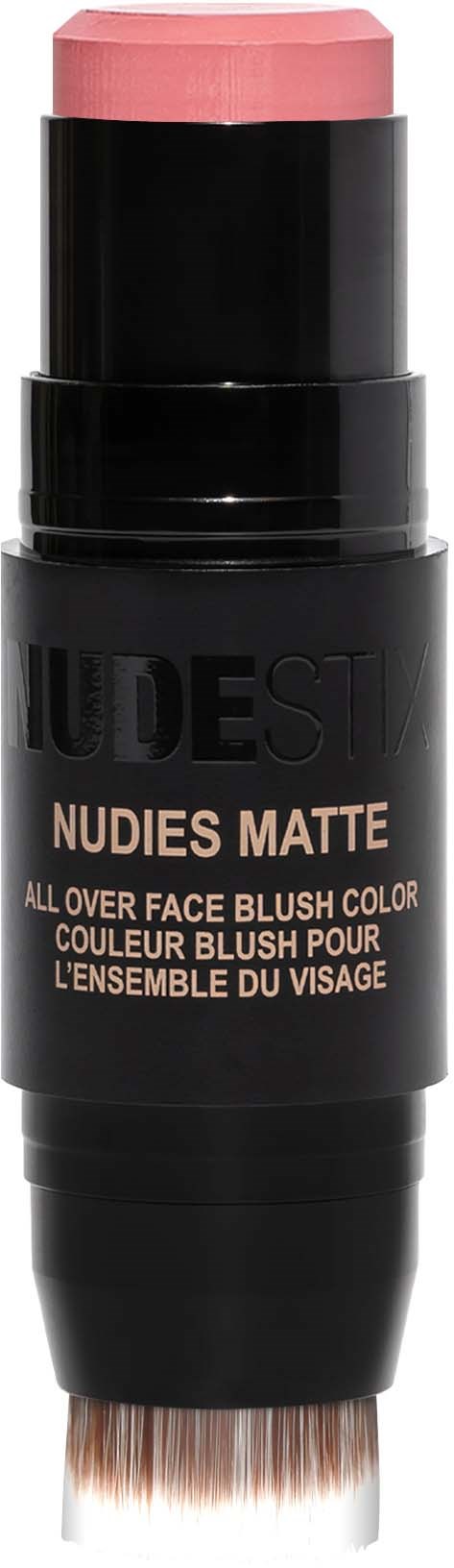 Schwarzer Make-up-Stift mit pinkem Rouge oben, beschriftet Nudies Matte, für Gesichtspuder, mit Pinsel darunter.