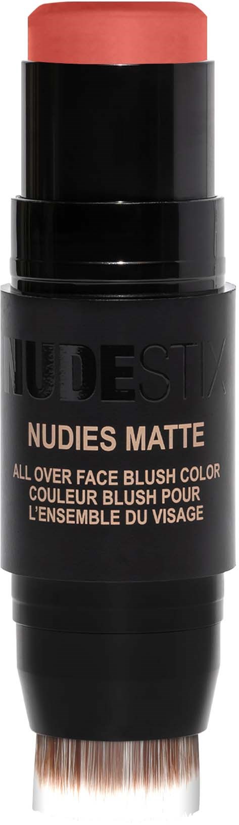 Een make-upstift met lichtroze kleur en zwarte behuizing, met label 'NUDES MATTE' voor gezicht blush.