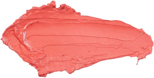 Een vlek roze-oranje lippenstift met een romige textuur op een zwarte achtergrond.
