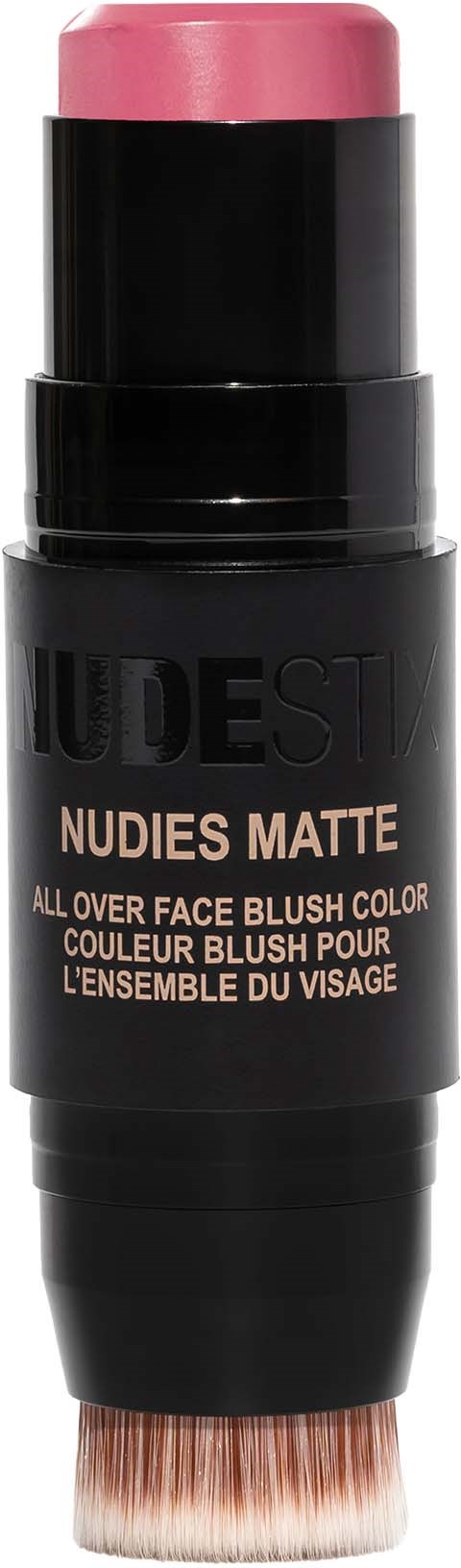 Pink blush in a black stick container with a brush base for face application.