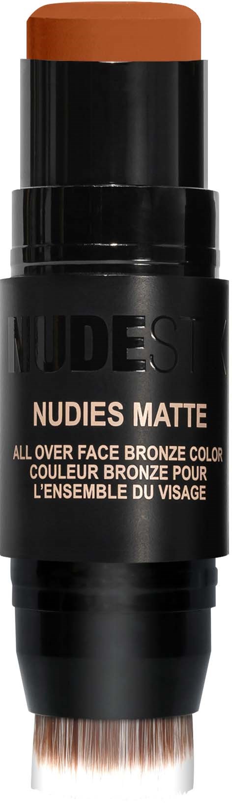 Ein Make-up-Stift mit der Bezeichnung Nudies Matte für Gesichtsbronzefarbe, schwarze Verpackung und runder Spitze.