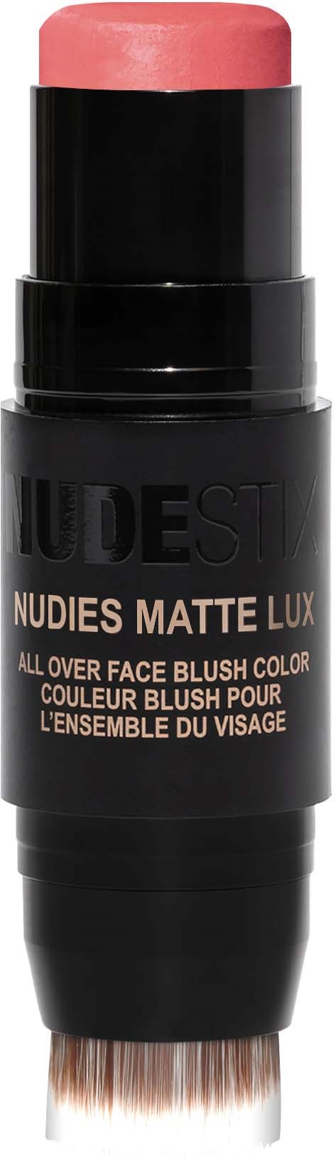 Een stick met beige blush bovenop en een zwarte body met tekst. Het is een make-upproduct voor de wangen.