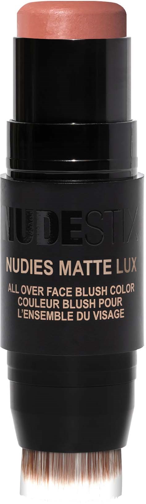 Een make-upstift met beige lippenstift en een penseel onderaan, gemerkt NDIES MATTE LUX.