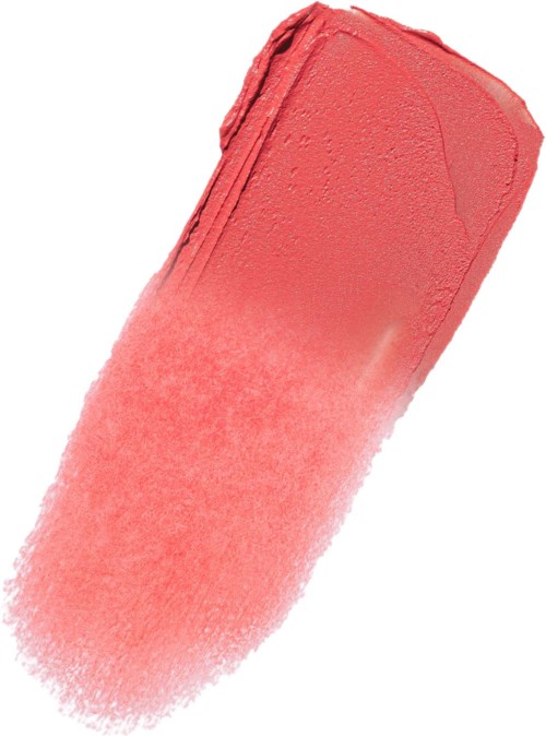 Ein rosa Make-up-Rougepinsel mit Puder in der Nähe der Spitze. Der Pinsel ist leicht gebogen und weich.