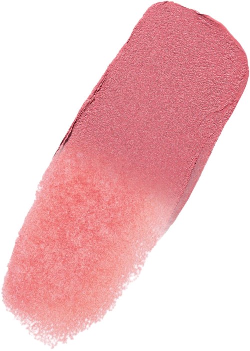 Een roze make-up spons met afgeronde bovenkant en bredere basis, ingedrukt voor een blush effect.