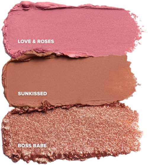 Kolme meikkinäytteitä, vaaleanpunainen, ruskea ja glitter, tekstit: Love & Roses, Sunkissed, Boss Babe.