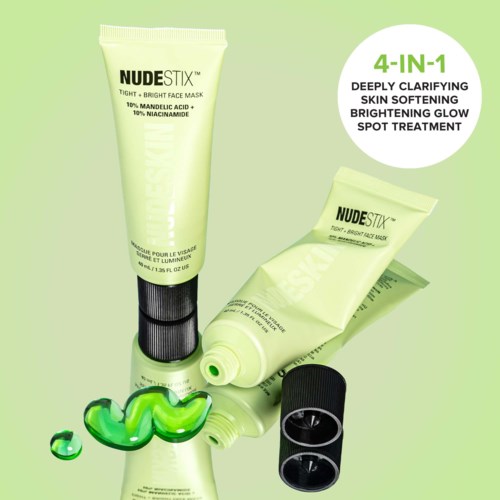 Ein Hautpflegeprodukt mit zwei Tuben, grüner und schwarzer Kappe, und einem Logo für klärende und aufhellende Behandlung.