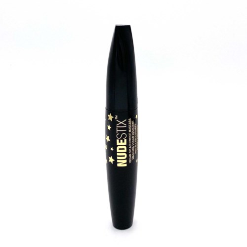 Een zwart mascara-buisje met gouden sterren en de tekst 'NUDESTIX'.