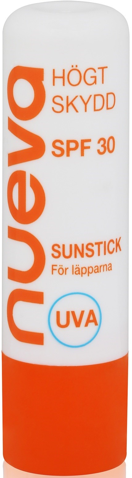 A white sun protection stick with orange text and label, indicating high sun protection and UVA protection.