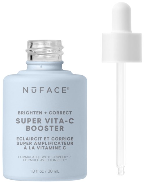 Vaaleansininen pullo Nuface Super Vita-C Booster ja annostelija vieressä.