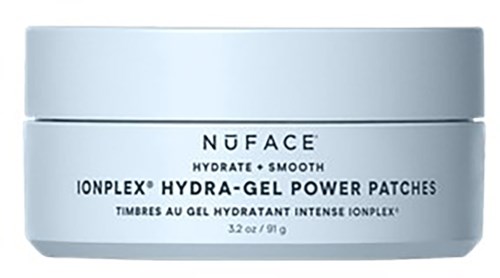 Valkoinen purkki mustalla tekstillä kertoo ihonhoitotuotteesta nimeltä NUFACE Hydra-Gel Power Patches. Se kosteuttaa ja rauhoittaa ihoa.