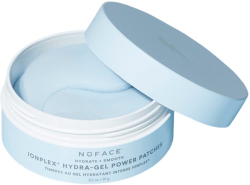 Auki oleva kasvogelipurkki, sininen kansi, nimeltä Hydra-Gel Power Patches kosteutukseen ja sileälle iholle.