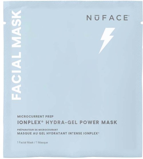 Lyseblå ansiktsmaske pakke med merkevaren NUFACE og et lynsymbol. Den nevner en hydra-gel power mask.
