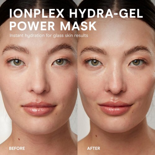 To bilder side om side viser et kvinnes ansikt før og etter bruk av hydratiseringsgelmasker, som viser klarere hud.