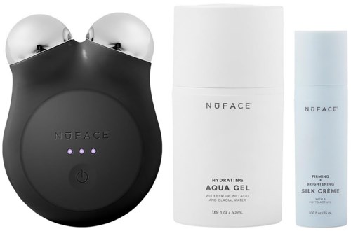 Four skincare products including a black device, hydrating gel, brightening cream, and a small white bottle.