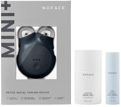 A black facial device in a box, along with two bottles of skincare products, one labeled hydrating aqua gel.