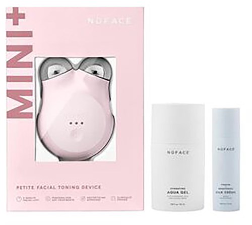 The image shows a pink facial device with a mask, and two skincare bottles labeled 'No Face' and 'Aqua Girl.'