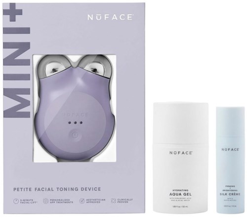 A face device is inside a box with other skincare products. The box says 'MINI+' and features the brand 'NUFACE.'