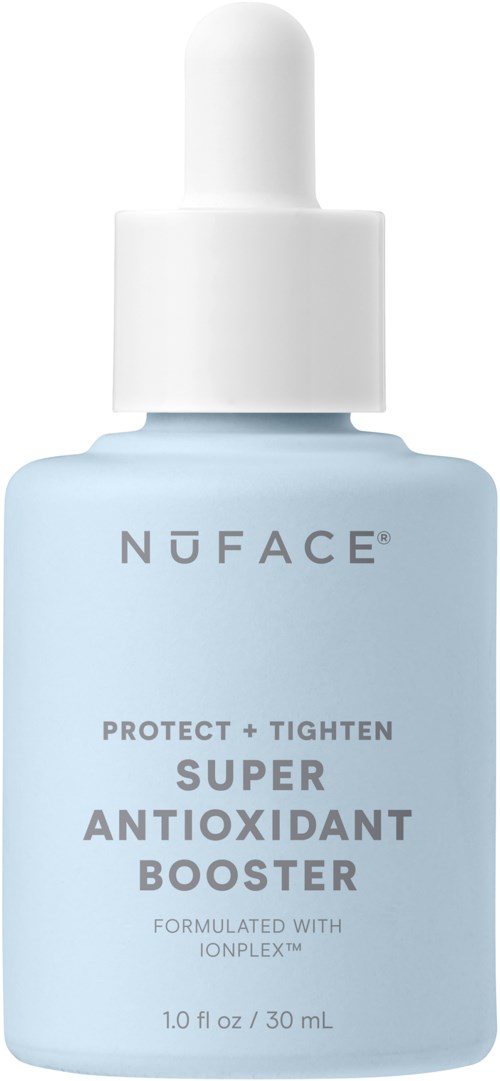 Vaaleansininen pullo valkoisella tipputa:**lla, jossa lukee 'NUFACE Super Antioxidant Booster' ihonhoitoa varten.