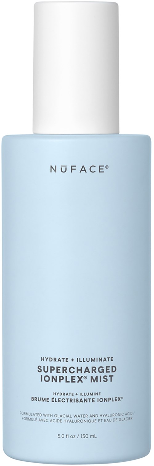 Vaaleansininen suihkepullo, jossa valkoinen kansi, merkitty 'NUFACE' ja 'Supercharged Ionplex Mist'.