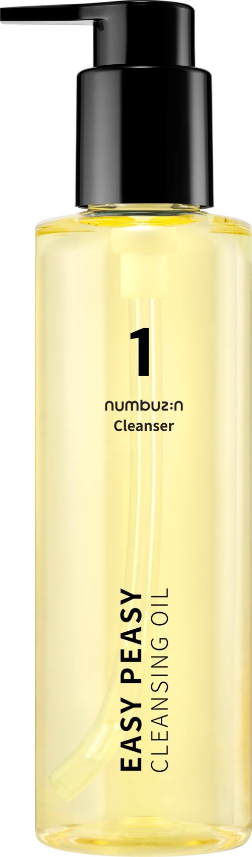 Eine gelbe Flasche mit schwarzem Pumphals, beschriftet 'Easy Peasy Cleansing Oil' und der Zahl '1'.