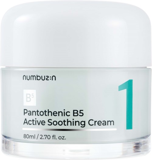 Een pot met Numbuzin Pantotenic B5 Active Soothing Cream, 80 ml, met eenvoudig ontwerp en grote cijfer 1.