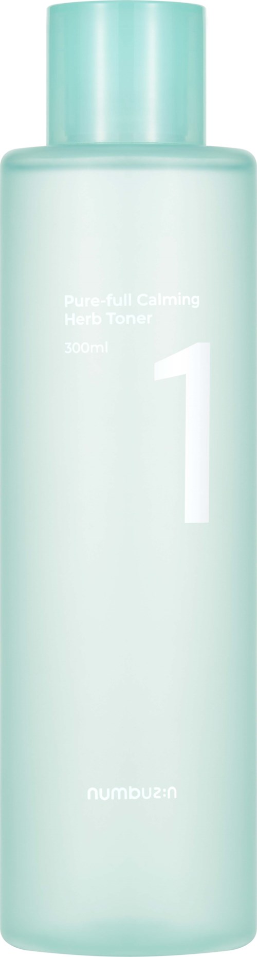 Een lange, lichtblauwe fles met dop. Grote witte nummer '1' op de voorkant. Waarschijnlijk een toner voor de huid.
