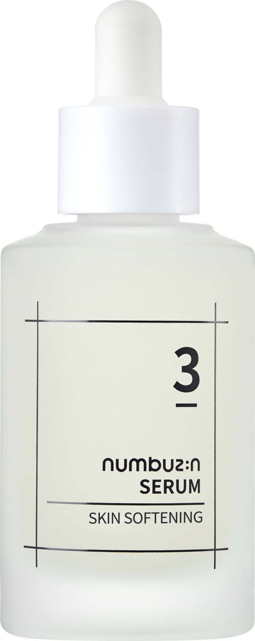 Witte fles met pipet, gelabeld als serum voor huidverzachten. Label toont grote zwarte nummer 3.