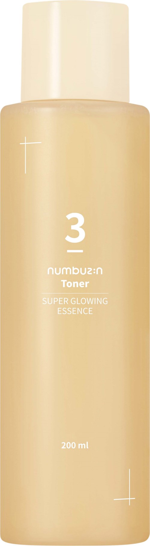 Een beige flesje met label 'Number 3 Toner' en 200 ml inhoud. Het is een huidverzorgingsproduct met een witte dop.